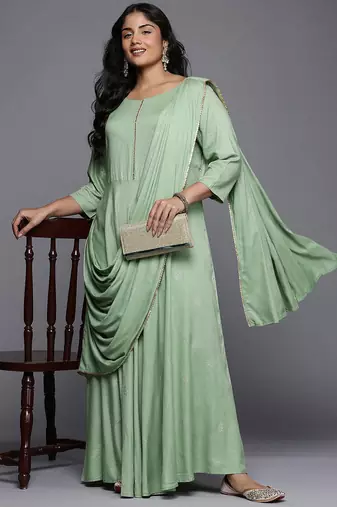 Green printed viscose rayon ethnic dresses