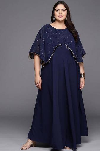 Navy blue printed crepe ethnic dresses