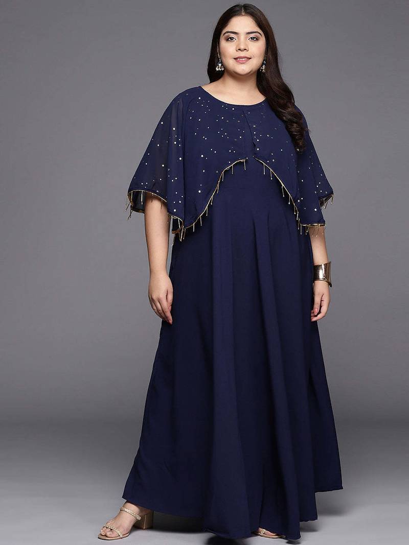 Navy blue printed crepe ethnic dresses
