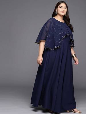 Navy blue printed crepe ethnic dresses 2