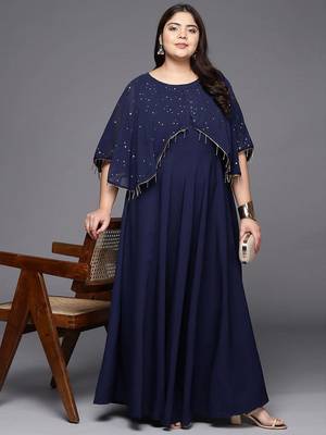 Navy blue printed crepe ethnic dresses 4
