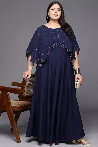 Navy blue printed crepe ethnic dresses