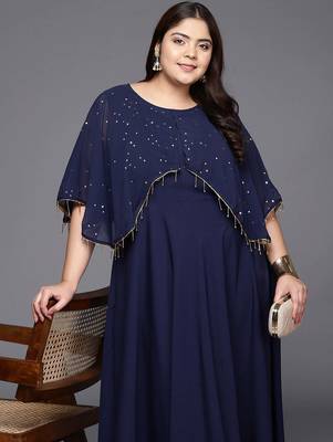 Navy blue printed crepe ethnic dresses 5