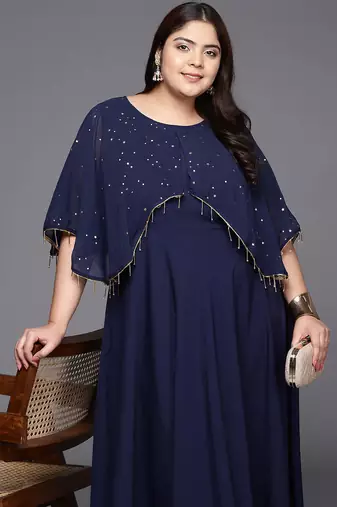 Navy blue printed crepe ethnic dresses