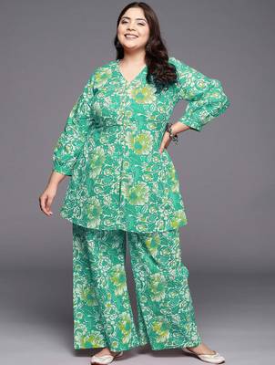 Green printed pure cotton co ord set 1
