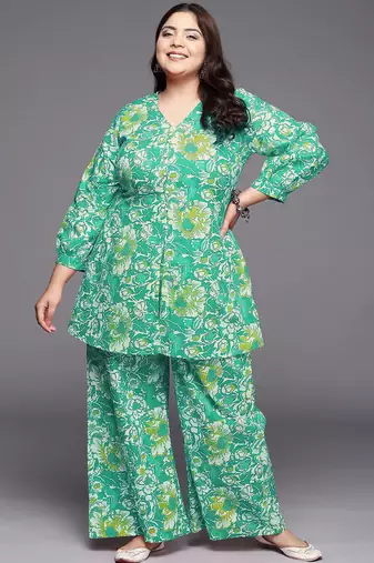 Green printed pure cotton co ord set