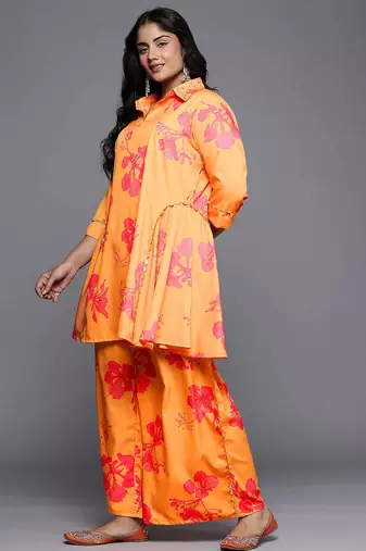 Orange printed polyester co ord set