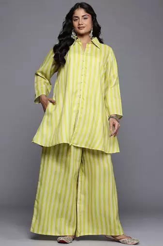 Yellow printed cotton blend co ord set