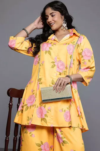 Yellow printed polyester co ord set