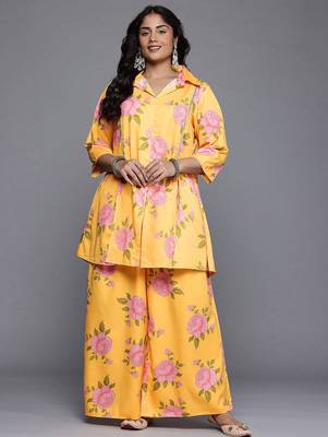 Yellow printed polyester co ord set 1