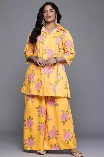 Yellow printed polyester co ord set