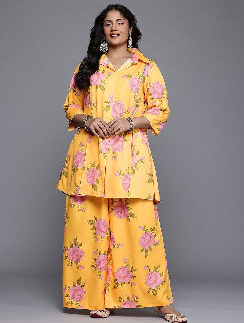 Yellow printed polyester co ord set