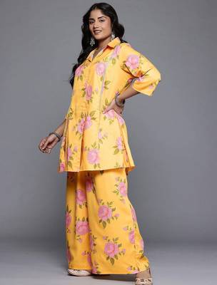 Yellow printed polyester co ord set 5