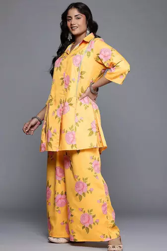 Yellow printed polyester co ord set