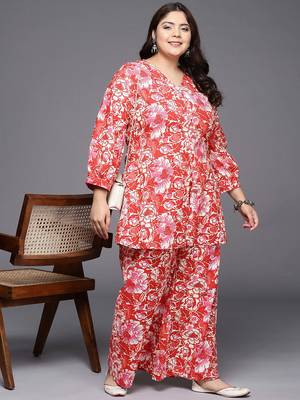 Red printed pure cotton co ord set 1