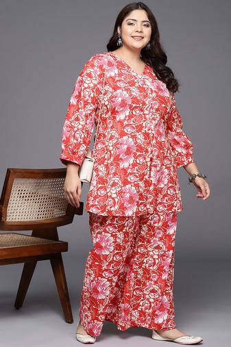 Red printed pure cotton co ord set