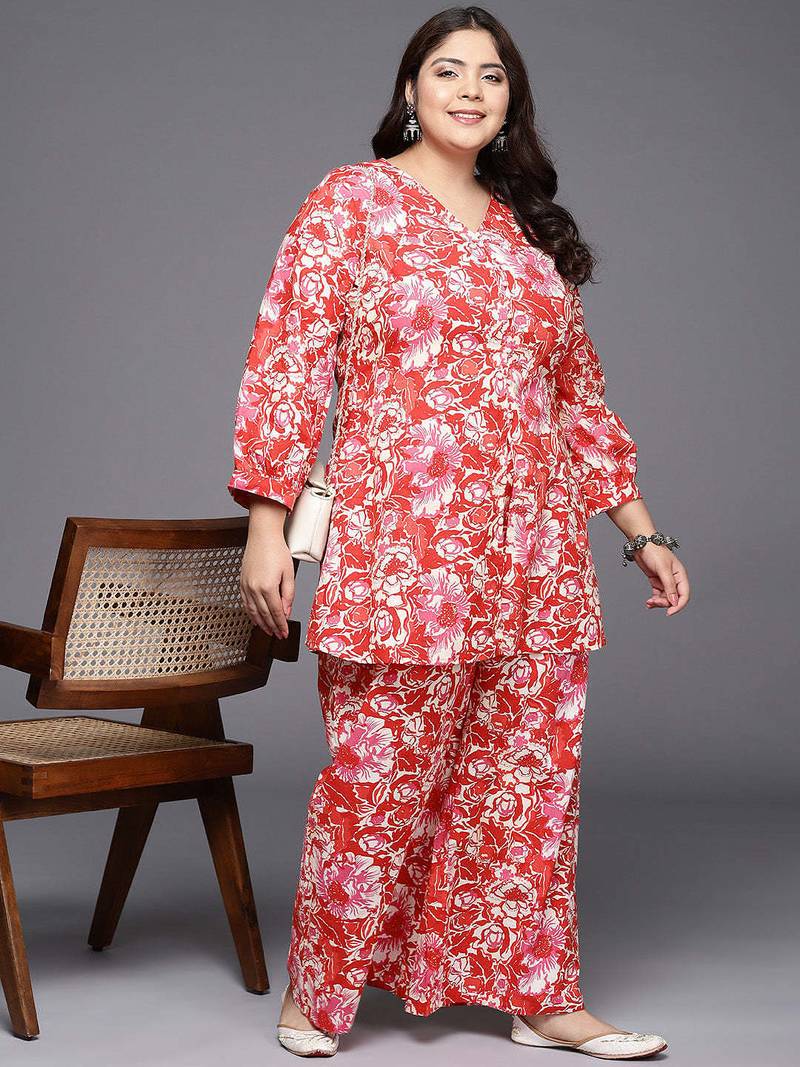 Red printed pure cotton co ord set