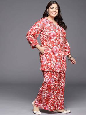Red printed pure cotton co ord set 2