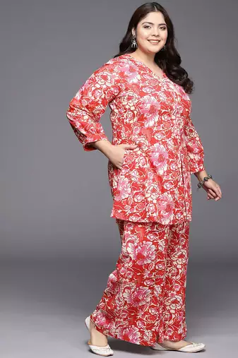 Red printed pure cotton co ord set