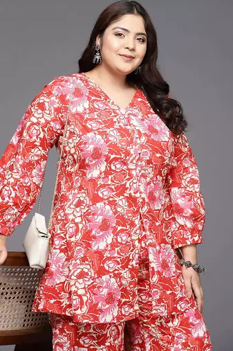 Red printed pure cotton co ord set