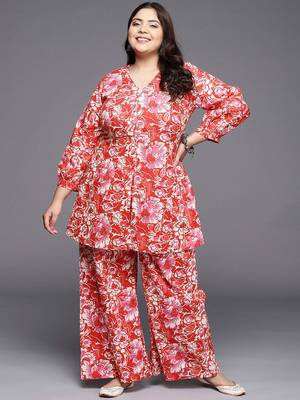 Red printed pure cotton co ord set 5