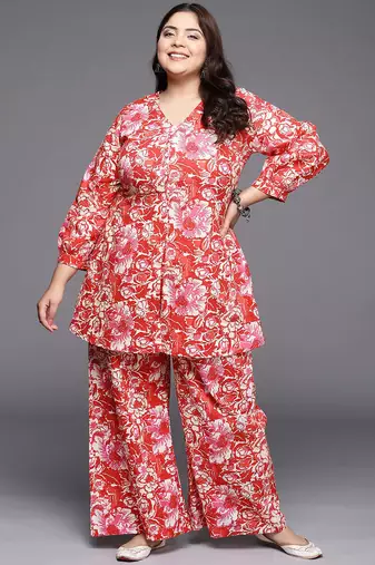 Red printed pure cotton co ord set