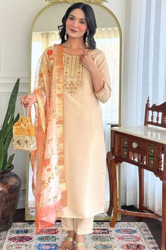 Beige silk-blend suit with floral dupatta