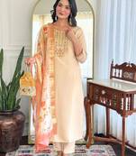 Beige silk-blend suit with floral dupatta