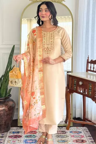 Beige silk-blend suit with floral dupatta