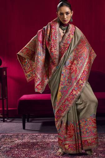 Chiku modal pashmina handloom weaving saree