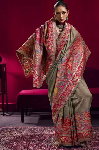 Chiku modal pashmina handloom weaving saree