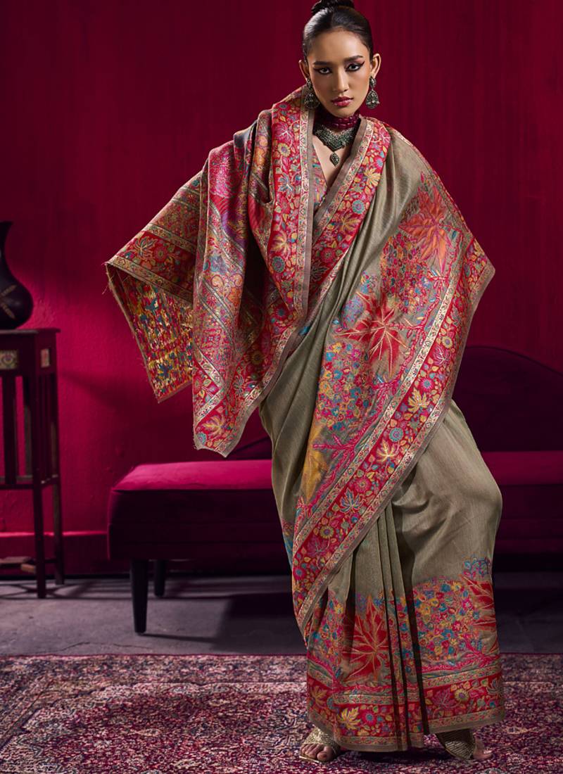 Chiku modal pashmina handloom weaving saree