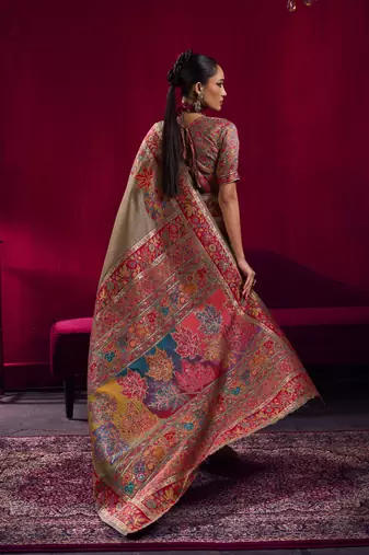 Chiku modal pashmina handloom weaving saree