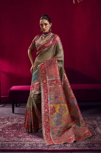 Chiku modal pashmina handloom weaving saree