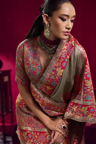 Chiku modal pashmina handloom weaving saree