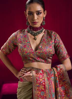 Chiku modal pashmina handloom weaving saree 5