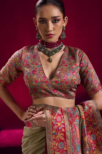 Chiku modal pashmina handloom weaving saree