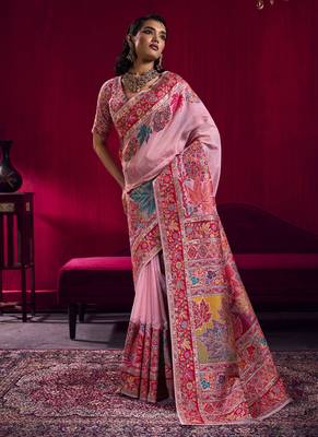Baby pink modal pashmina handloom weaving saree 1
