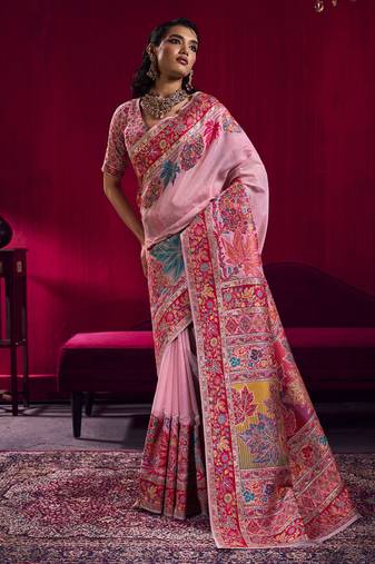 Baby pink modal pashmina handloom weaving saree