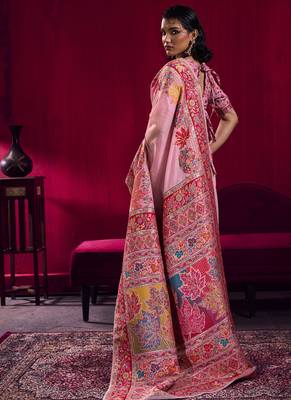Baby pink modal pashmina handloom weaving saree 2