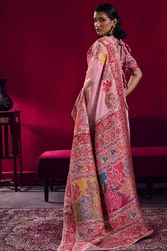 Baby pink modal pashmina handloom weaving saree