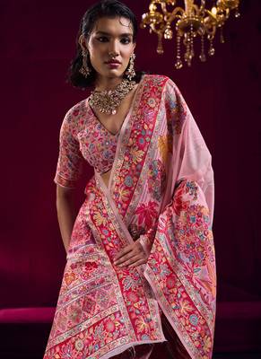 Baby pink modal pashmina handloom weaving saree 3