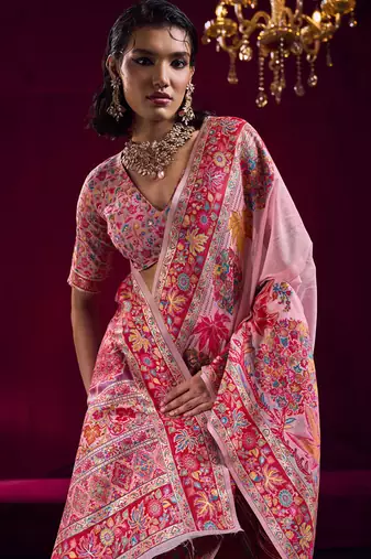 Baby pink modal pashmina handloom weaving saree