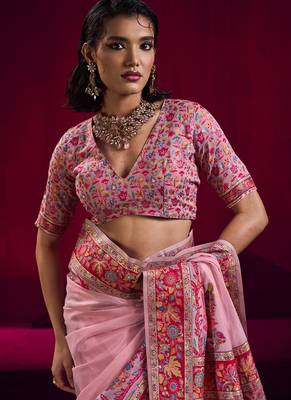 Baby pink modal pashmina handloom weaving saree 4