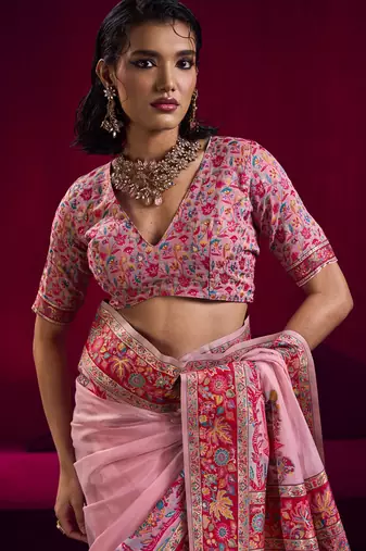 Baby pink modal pashmina handloom weaving saree