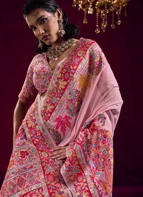 Baby pink modal pashmina handloom weaving saree 5
