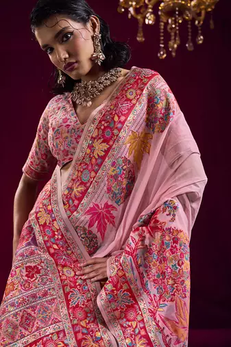 Baby pink modal pashmina handloom weaving saree