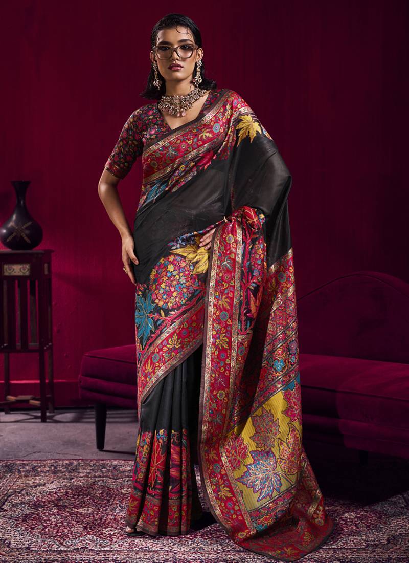Black modal pashmina handloom weaving saree