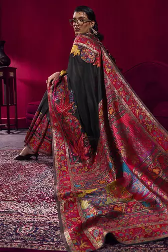 Black modal pashmina handloom weaving saree