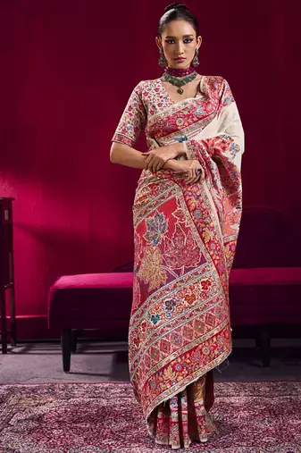 Off white modal pashmina handloom weaving saree